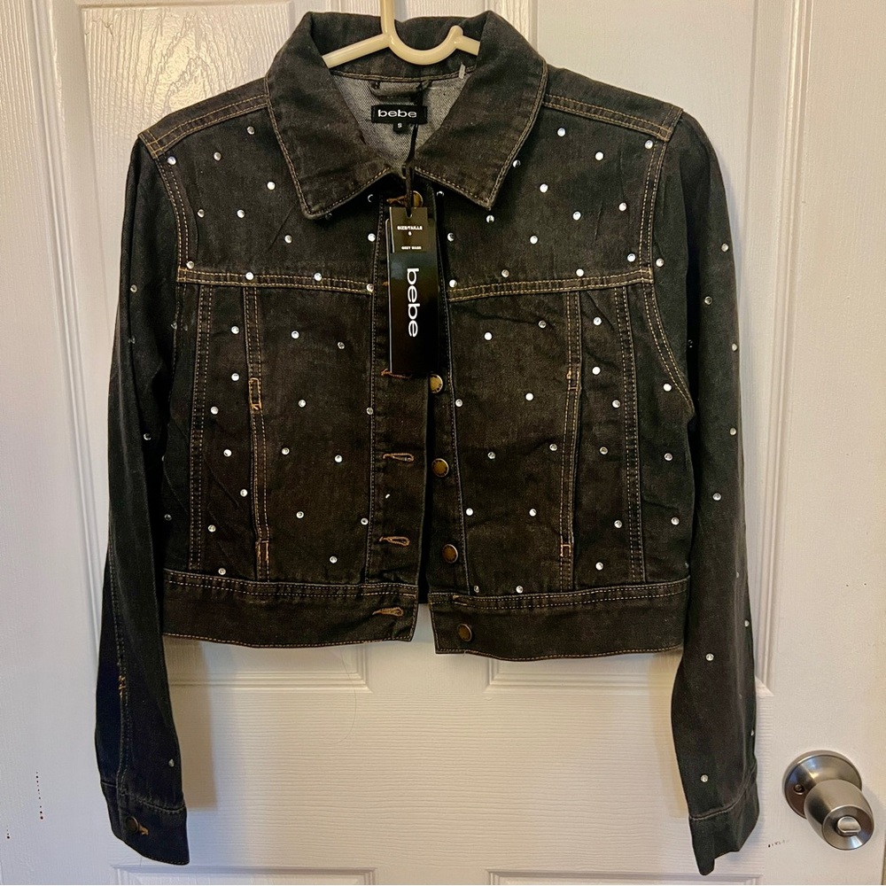 NWT Bebe Denim Jacket with Rhinestones Sparkling Details - Picture 4 of 11